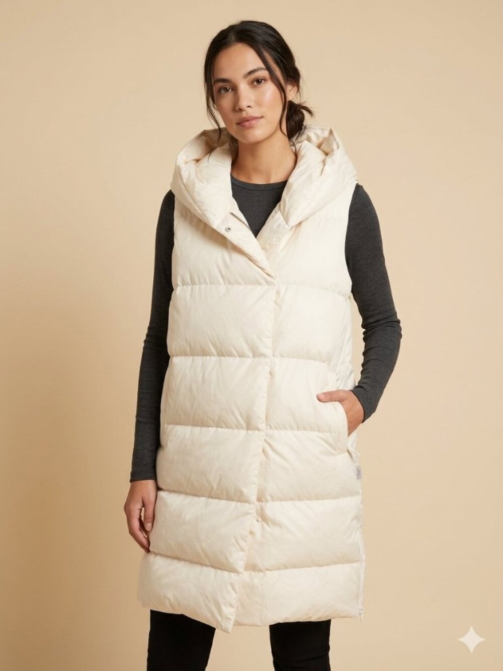 CALIA by Carrie Underwood Long Hooded Puffer Vest - Cream / Ivory Medium